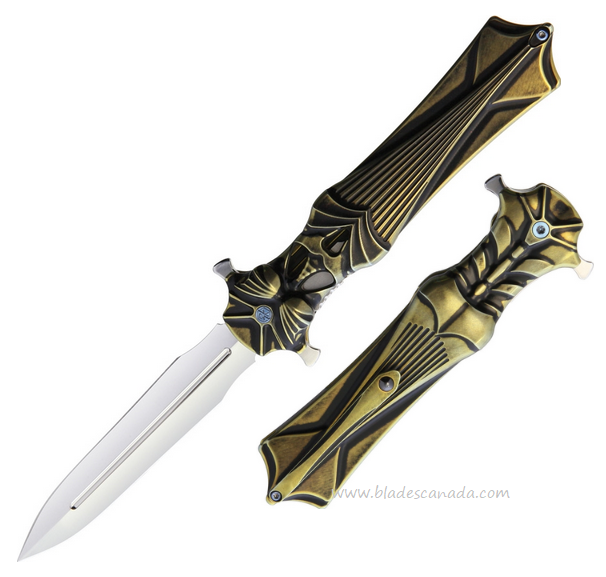 Rike Amulet Flipper Folding Knife, M390 Double Edge, Titanium Black/Gold, RKAMULETBG